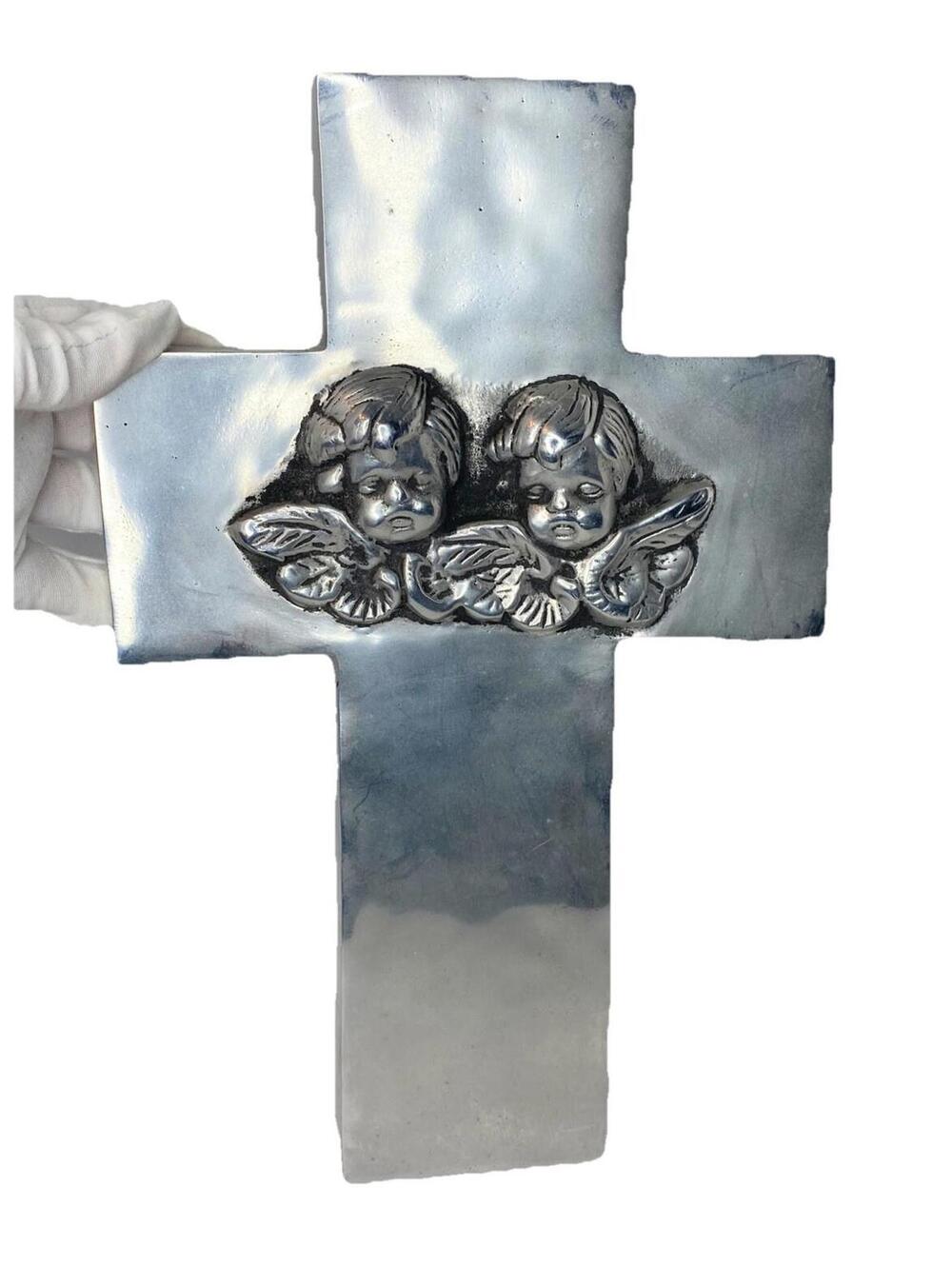 Pewter Metal Wall Cross with Winged Angels, Mexican Rustic Home Decor Cross